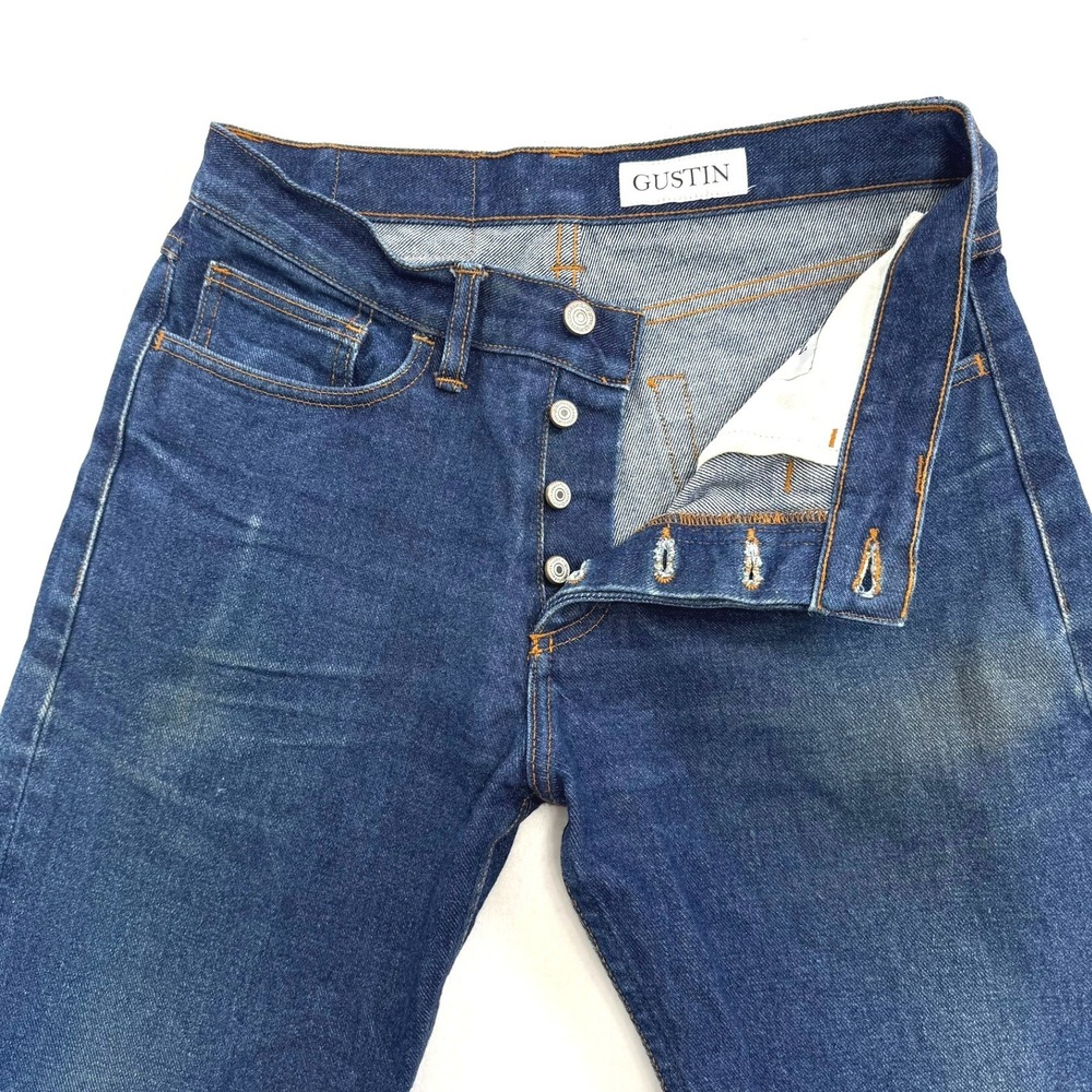 Gustin Mens Straight Fit Raw Denim Jeans Blue Button Fly Size 33 Made in USA